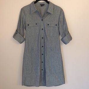 Theory Gray Long Sleeve Collared Button Up Pocket Mini Shirt Dress- Size Small